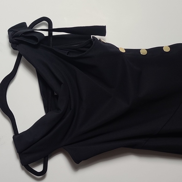 DEREK LAM 10 CROSBY Solid Black One Shoulder Asymmetrical Midi Dress Size 4 - Picture 7 of 16